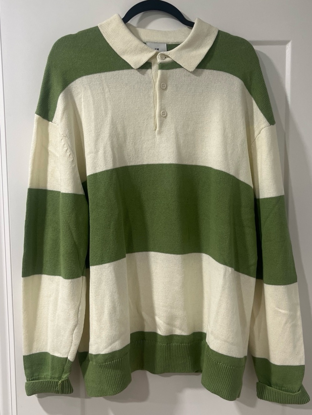 H&M Green and Cream Striped Zip-Up Polo Sweater, oversized